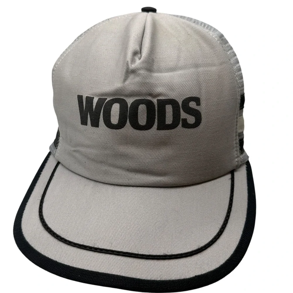 Woods‎ Vintage Trucker Hat Gray Black Mesh Snapback Striped Graphic Cap